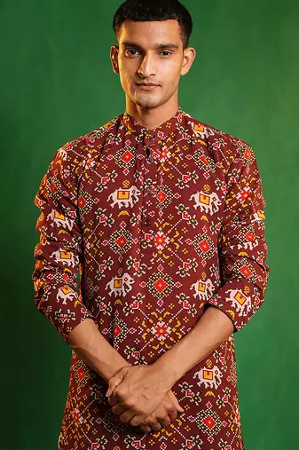 Deep maroon printed georgette slub silk dhoti kurta set