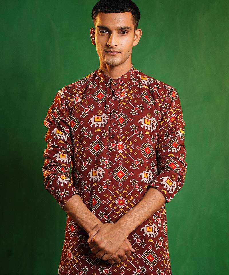 Deep maroon printed georgette slub silk dhoti kurta set
