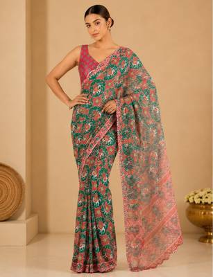 printed chinon silk blend mirror lace saree 2