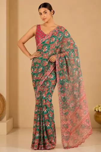 green printed silk blend mirror lace saree