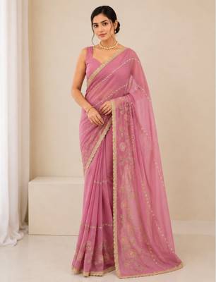 Heavy star georgette beads & lace work saree 3