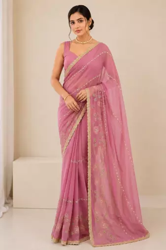 Heavy star georgette beads & lace work saree