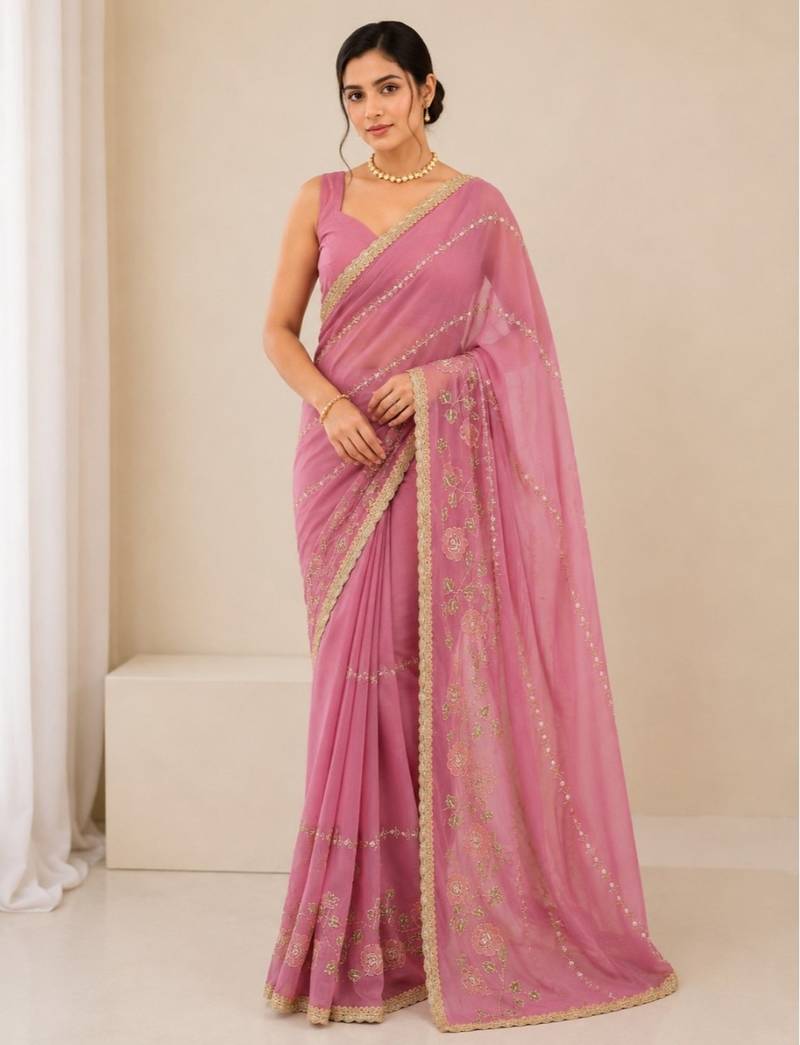 Heavy star georgette beads & lace work saree