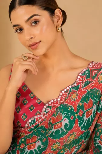 green printed silk blend mirror lace saree