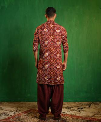 Deep maroon printed georgette slub silk dhoti kurta set 5