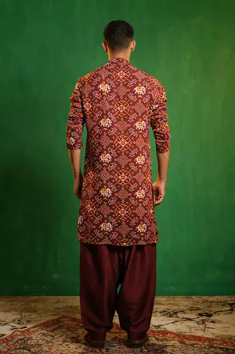 Deep maroon printed georgette slub silk dhoti kurta set
