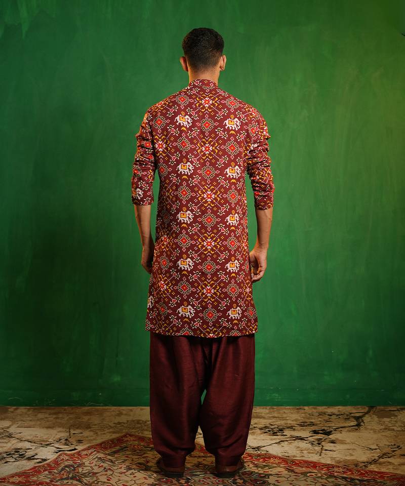 Deep maroon printed georgette slub silk dhoti kurta set