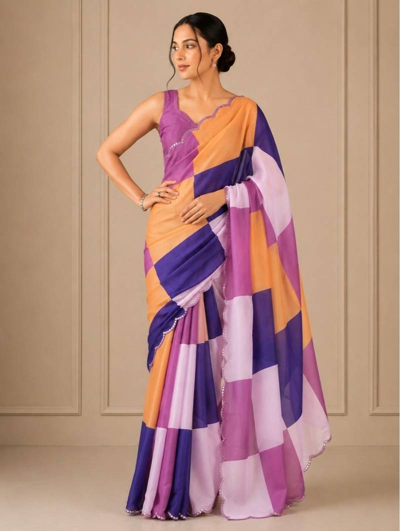 premium heavy chinon silk blend mirror work saree