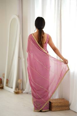Heavy star georgette beads & lace work saree 4