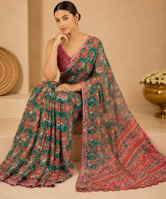 printed chinon silk blend mirror lace saree 4
