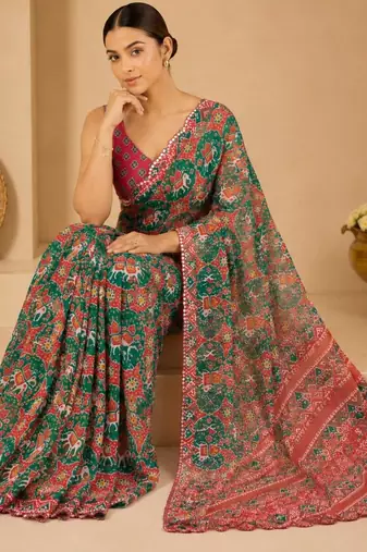 green printed silk blend mirror lace saree