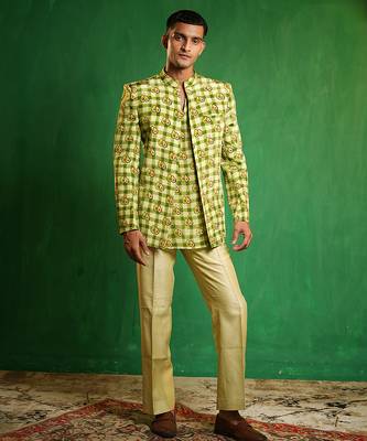 Lime green printed slub silk kurta jacket set 1