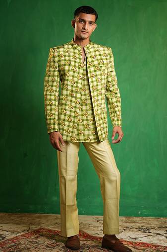 Lime green printed slub silk kurta jacket set