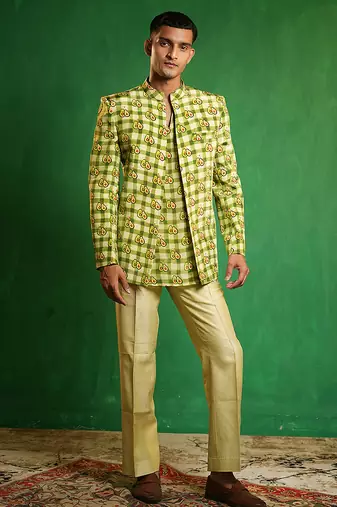 Lime green printed slub silk kurta jacket set