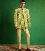 Lime green printed slub silk kurta jacket set