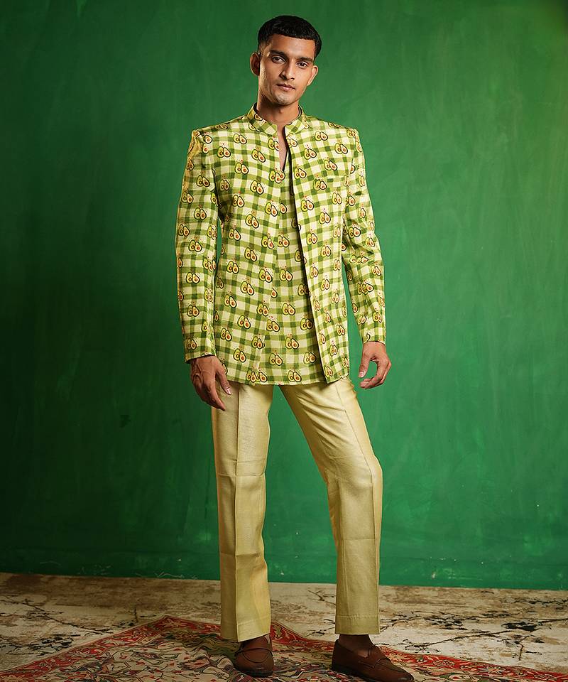 Lime green printed slub silk kurta jacket set