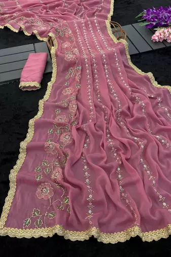 Heavy star georgette beads & lace work saree