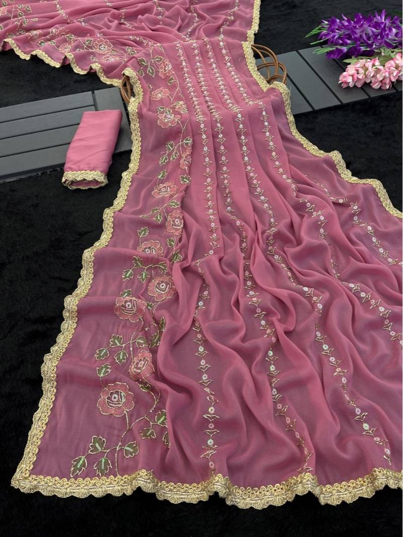 Heavy star georgette beads & lace work saree