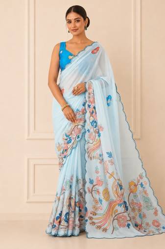 blue heavy silk blend mirror work saree