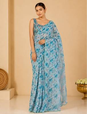 printed chinon silk blend mirror lace saree 1
