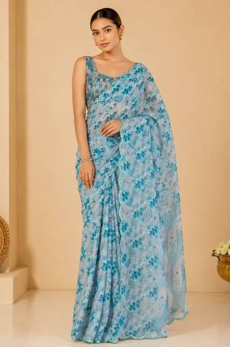 aqua blue printed silk blend mirror lace saree