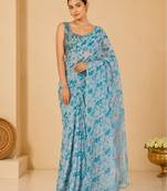 printed chinon silk blend mirror lace saree