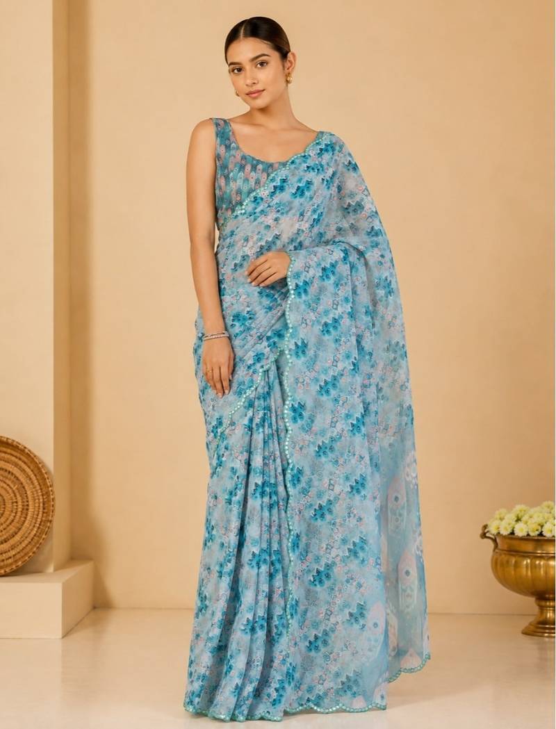 printed chinon silk blend mirror lace saree