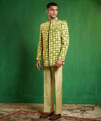 Lime green printed slub silk kurta jacket set 2