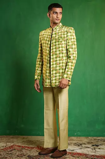 Lime green printed slub silk kurta jacket set