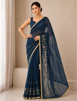 Heavy star georgette beads & lace work saree 1