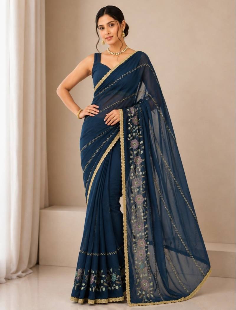 Heavy star georgette beads & lace work saree
