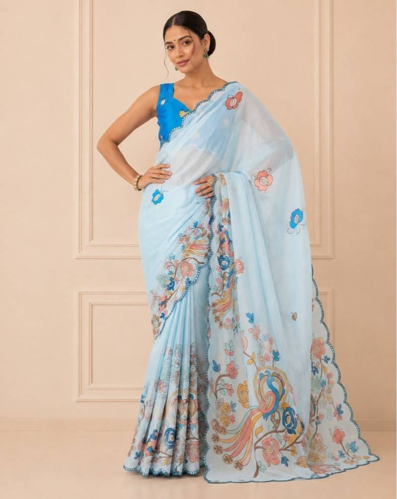 premium heavy chinon silk blend mirror work saree