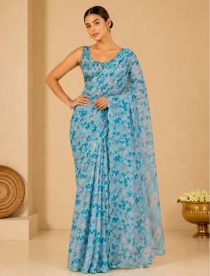 printed chinon silk blend mirror lace saree 2