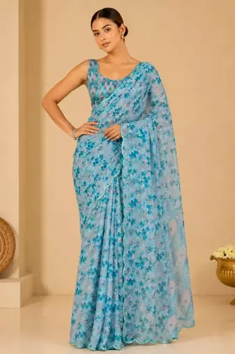aqua blue printed silk blend mirror lace saree