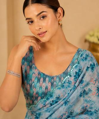 printed chinon silk blend mirror lace saree 3