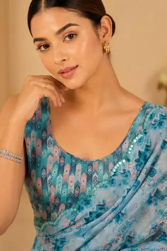 aqua blue printed silk blend mirror lace saree