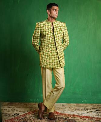 Lime green printed slub silk kurta jacket set 3