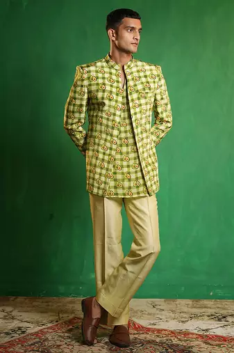 Lime green printed slub silk kurta jacket set