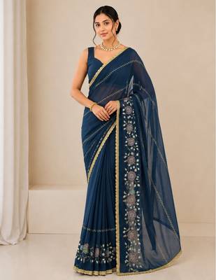 Heavy star georgette beads & lace work saree 3