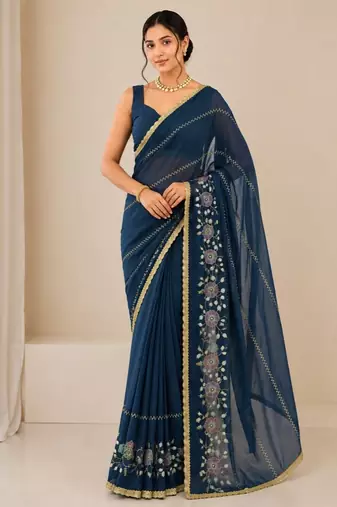 Heavy star georgette beads & lace work saree