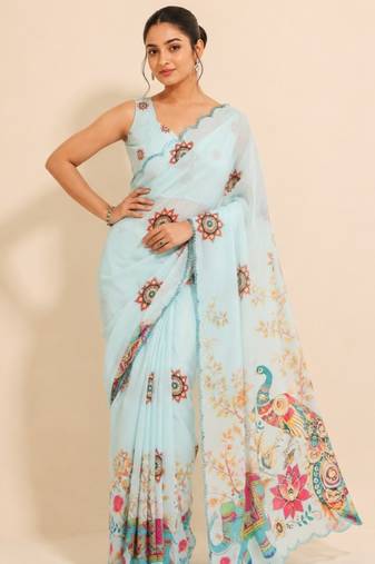 blue heavy silk blend mirror work saree