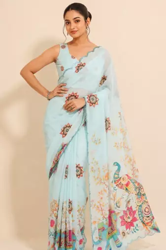 premium heavy chinon silk blend mirror work saree