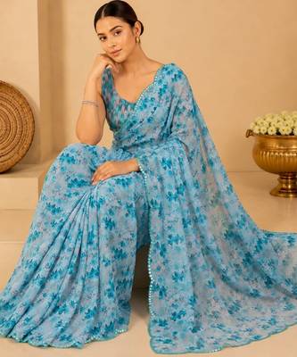 printed chinon silk blend mirror lace saree 4