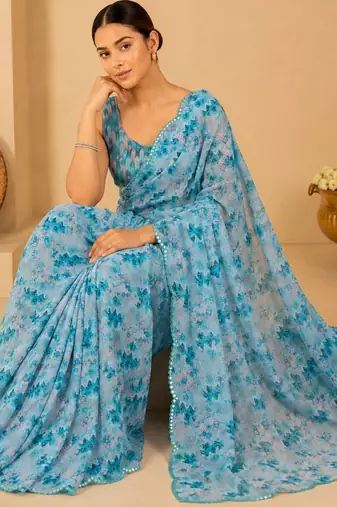 aqua blue printed silk blend mirror lace saree