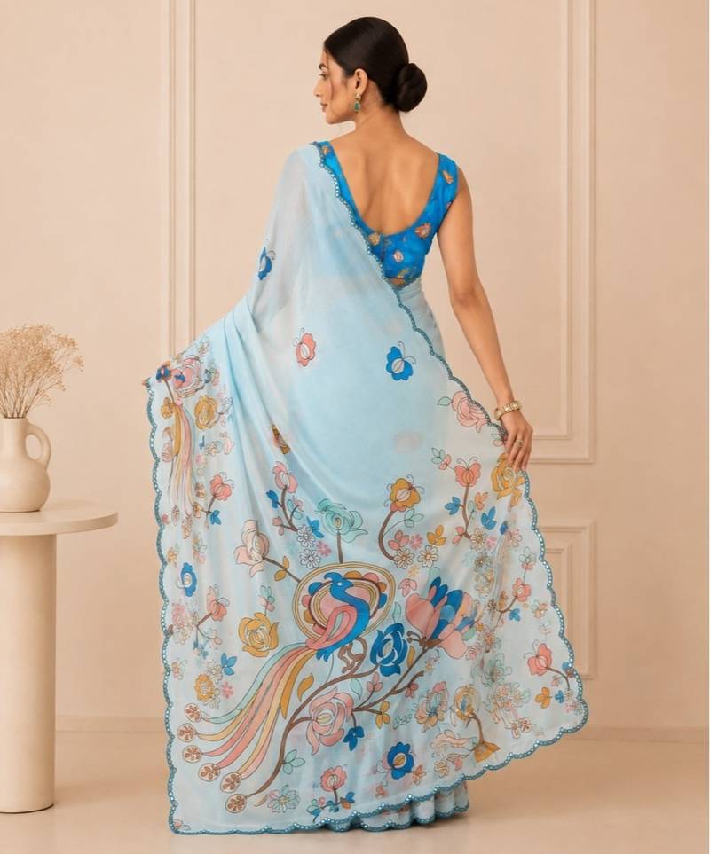 premium heavy chinon silk blend mirror work saree