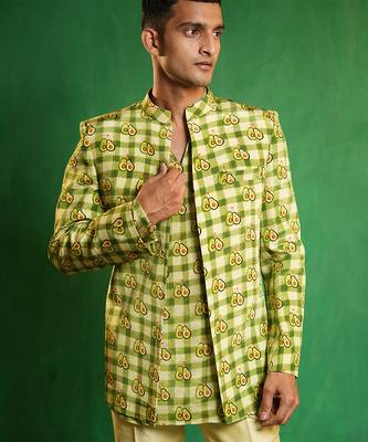 Lime green printed slub silk kurta jacket set 4