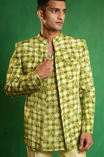 Lime green printed slub silk kurta jacket set