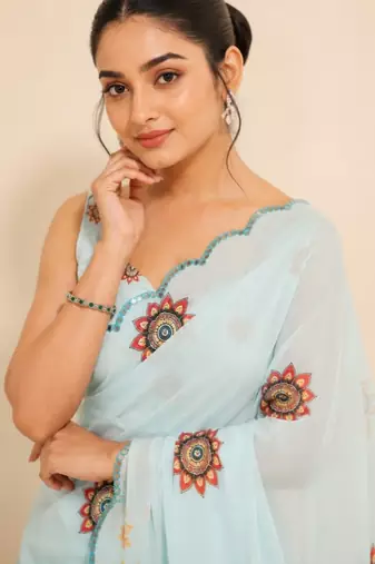 premium heavy chinon silk blend mirror work saree