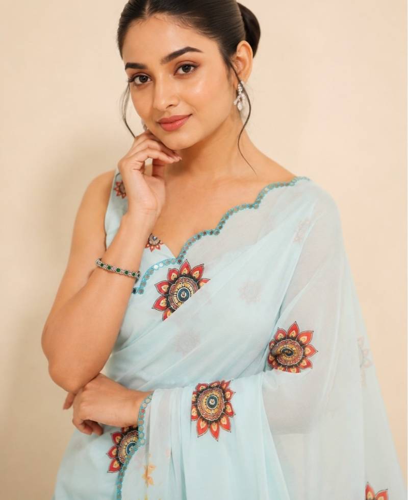 premium heavy chinon silk blend mirror work saree