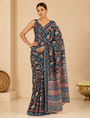 printed chinon silk blend mirror lace saree 1